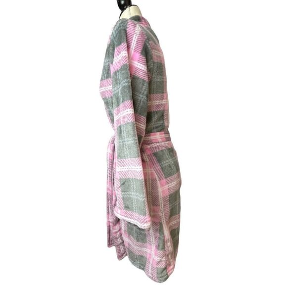 PJ Couture Pink Gray & White Plaid extra Soft wrap Robe with pockets size s/M - Picture 7 of 11